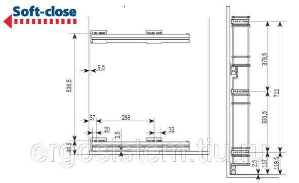 Высокая выдвижная бутылочница Optima Soft в корпус 150мм, глубина 500 мм, высота 850 мм, полное выдвижение — фото 2